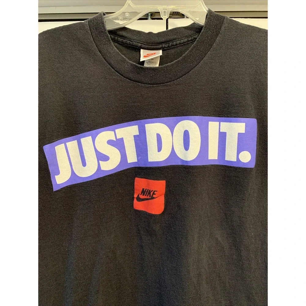 VTG NIKE Just Do It‎ BLACK/BLUE Box Logo Shirt Men’s SMALL RARE Made in USA